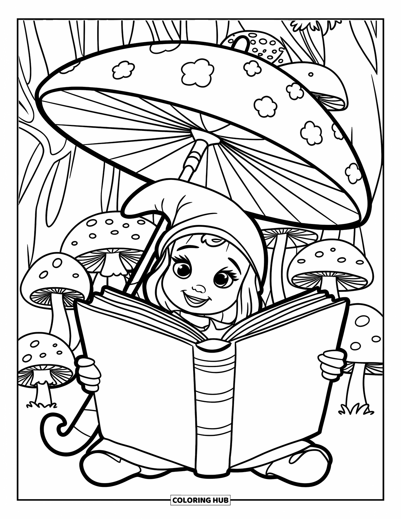 Girl Gnome Coloring Page for Kids: A gnome girl in an apron sits under a mushroom umbrella, lost in a book