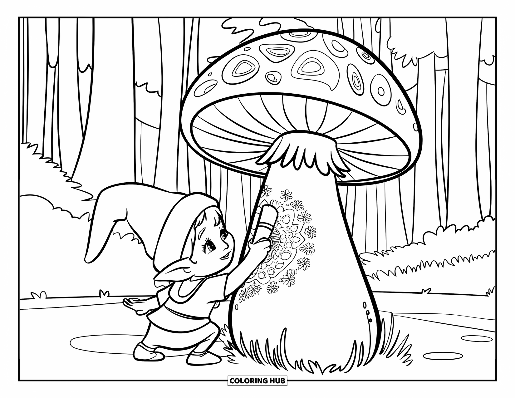 Girl Gnome Coloring Page for Kids: A gnome girl paints patterns on a giant mushroom in a peaceful forest