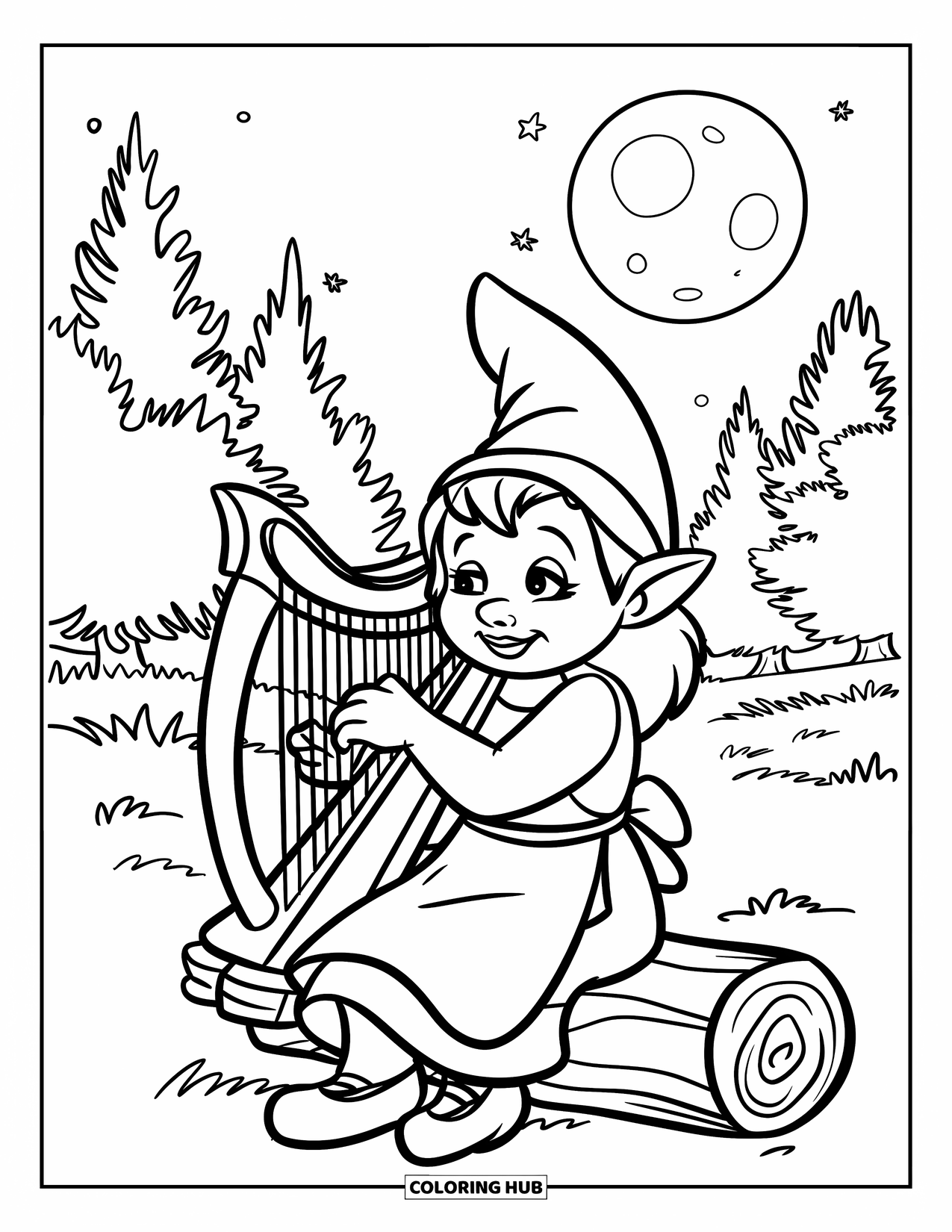 Girl Gnome Coloring Page for Kids: A gnome girl plays her harp under a starry sky, surrounded by towering trees