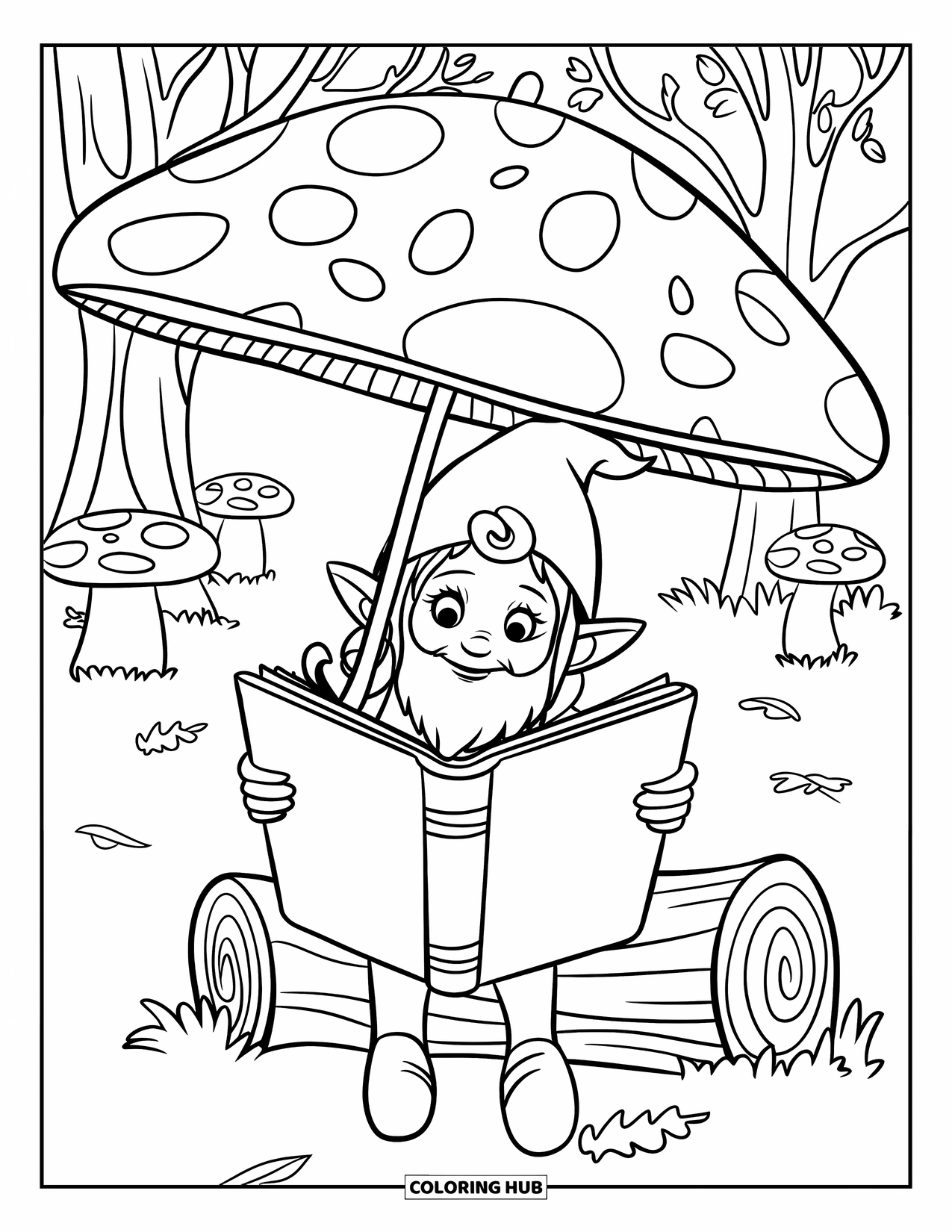 Girl Gnome Coloring Page for Kids: A gnome girl sits on a log, reading an oversized book beneath a mushroom canopy
