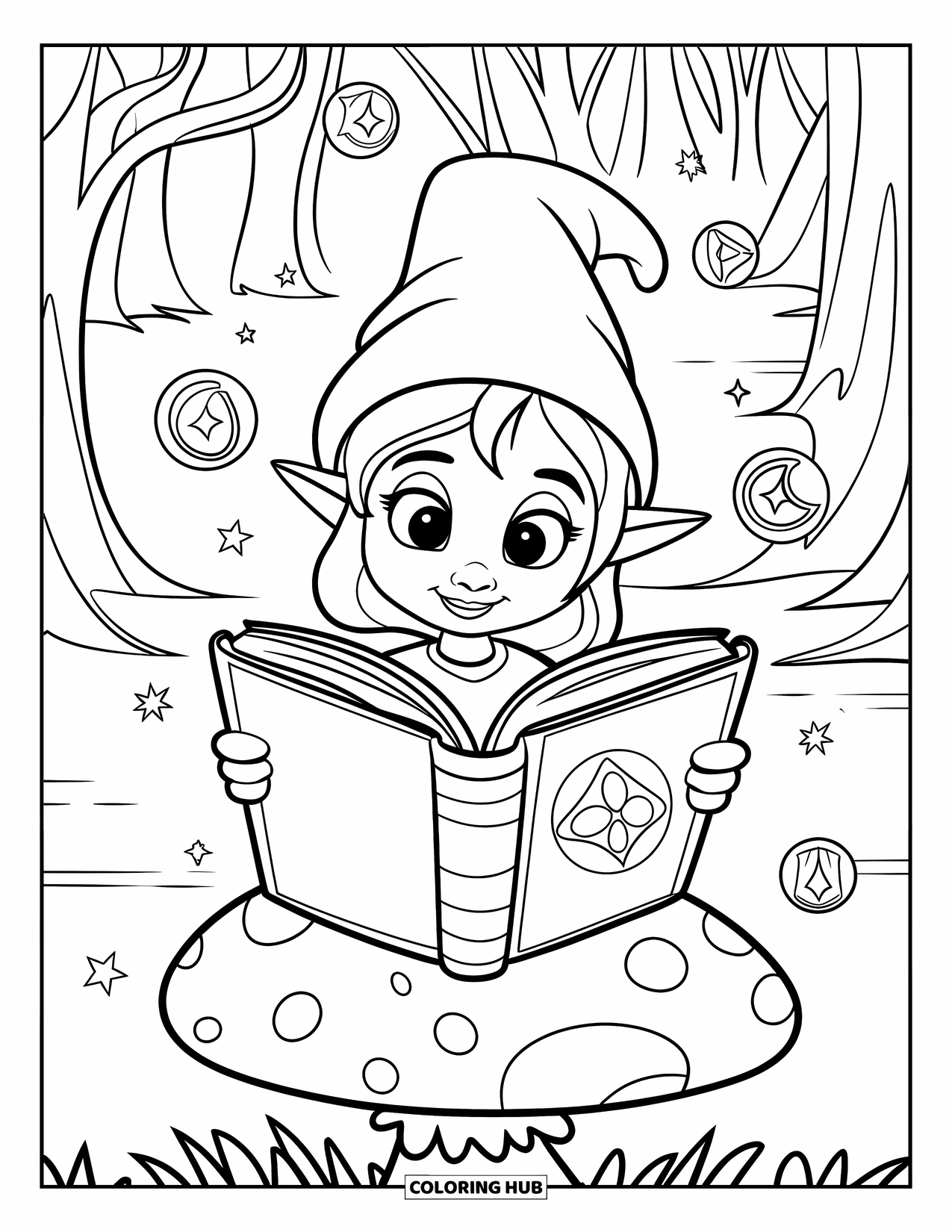 Girl Gnome Coloring Page for Kids: A gnome girl sits on a mossy stone, reading an ancient book surrounded by floating symbols