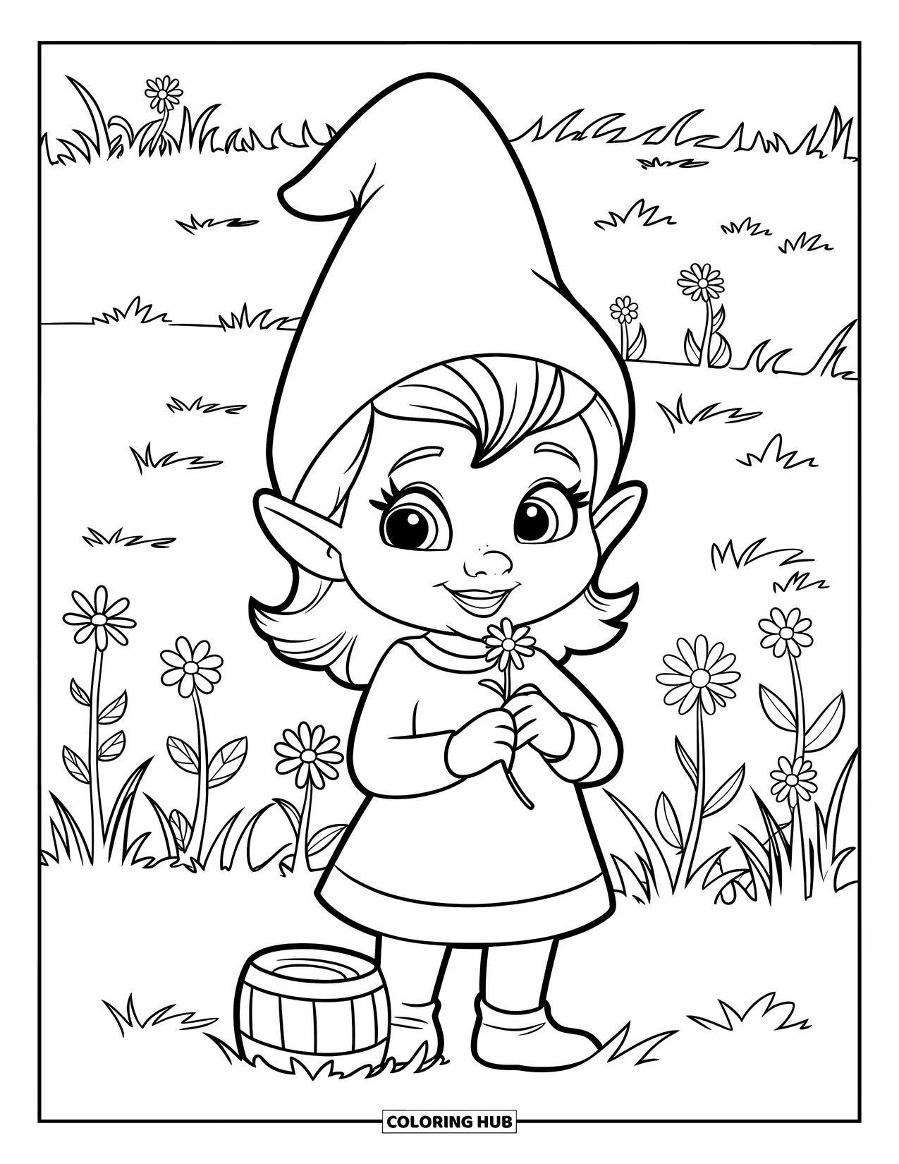 Girl Gnome Coloring Page for Kids: A gnome girl stands in a field of wildflowers, cradling a delicate blossom