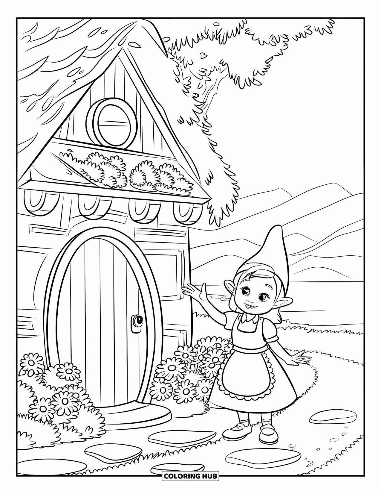 Girl Gnome Coloring Page for Kids: A gnome girl stands outside her round-door home, waving with a warm smile