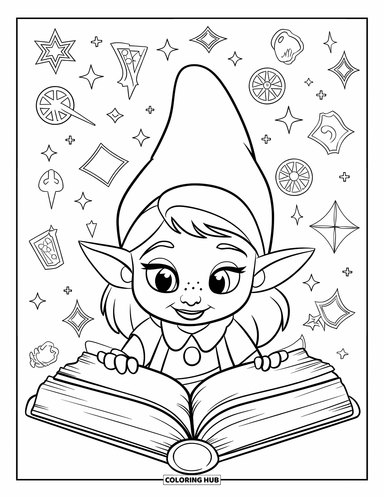 Girl Gnome Coloring Page for Kids: A gnome girl studies an ancient book, magical symbols glowing around her