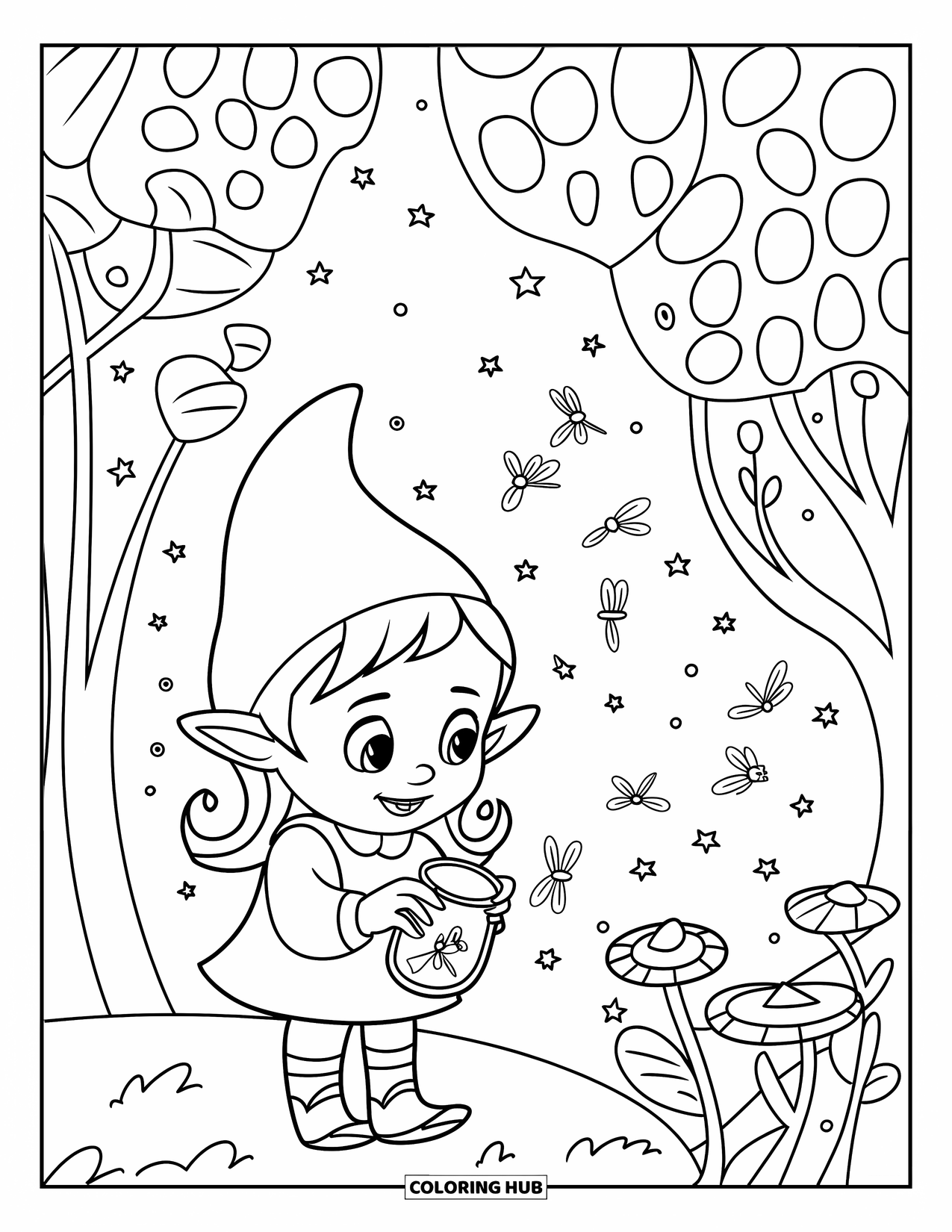 Girl Gnome Coloring Page for Kids: A gnome girl watches fireflies dance as she collects them in a tiny glass jar