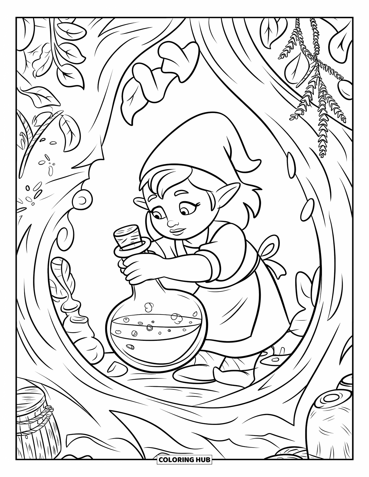 Girl Gnome Coloring Page for Kids: A gnome girl, wearing a pointy hat, stirs a potion while surrounded by mystical herbs