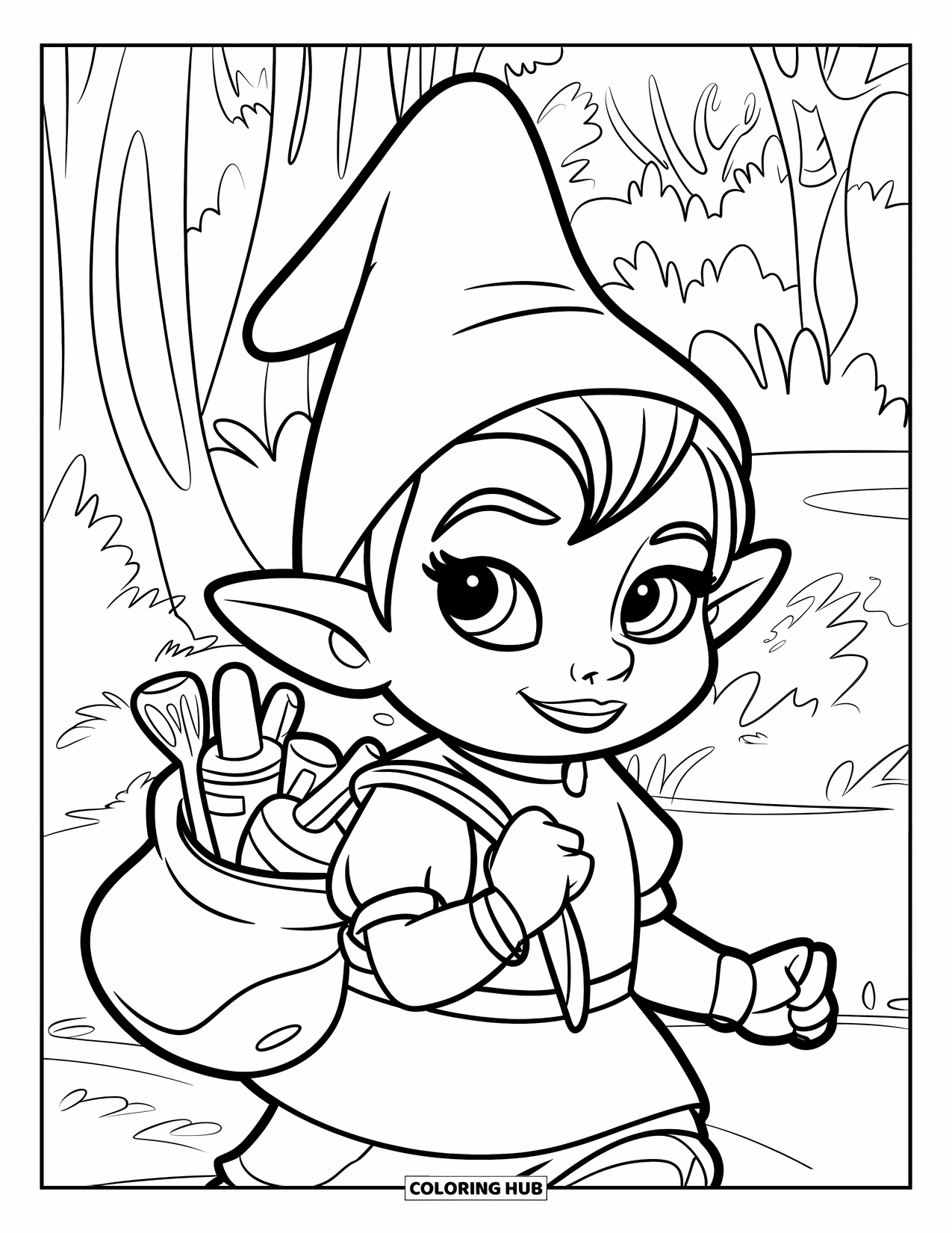 Girl Gnome Coloring Page for Kids: A gnome girl with a leaf necklace carries a satchel of forest treasures