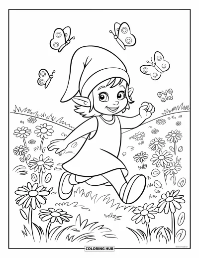 Tegning af pigenisser til børn: En glad nisepige danser blandt sommerfugle i en eng fuld af vilde blomster