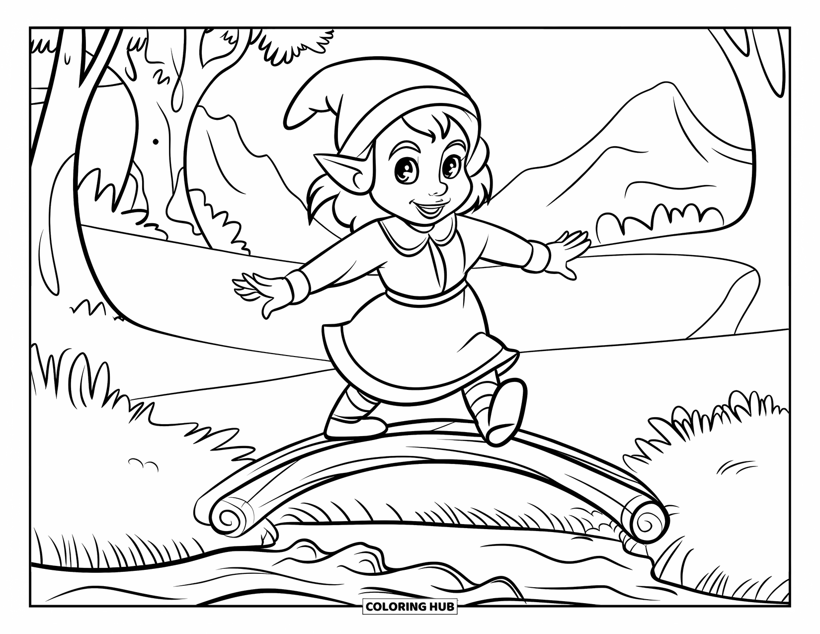 Girl Gnome Coloring Page for Kids: A mischievous gnome girl balances playfully on a log bridge over a bubbling stream