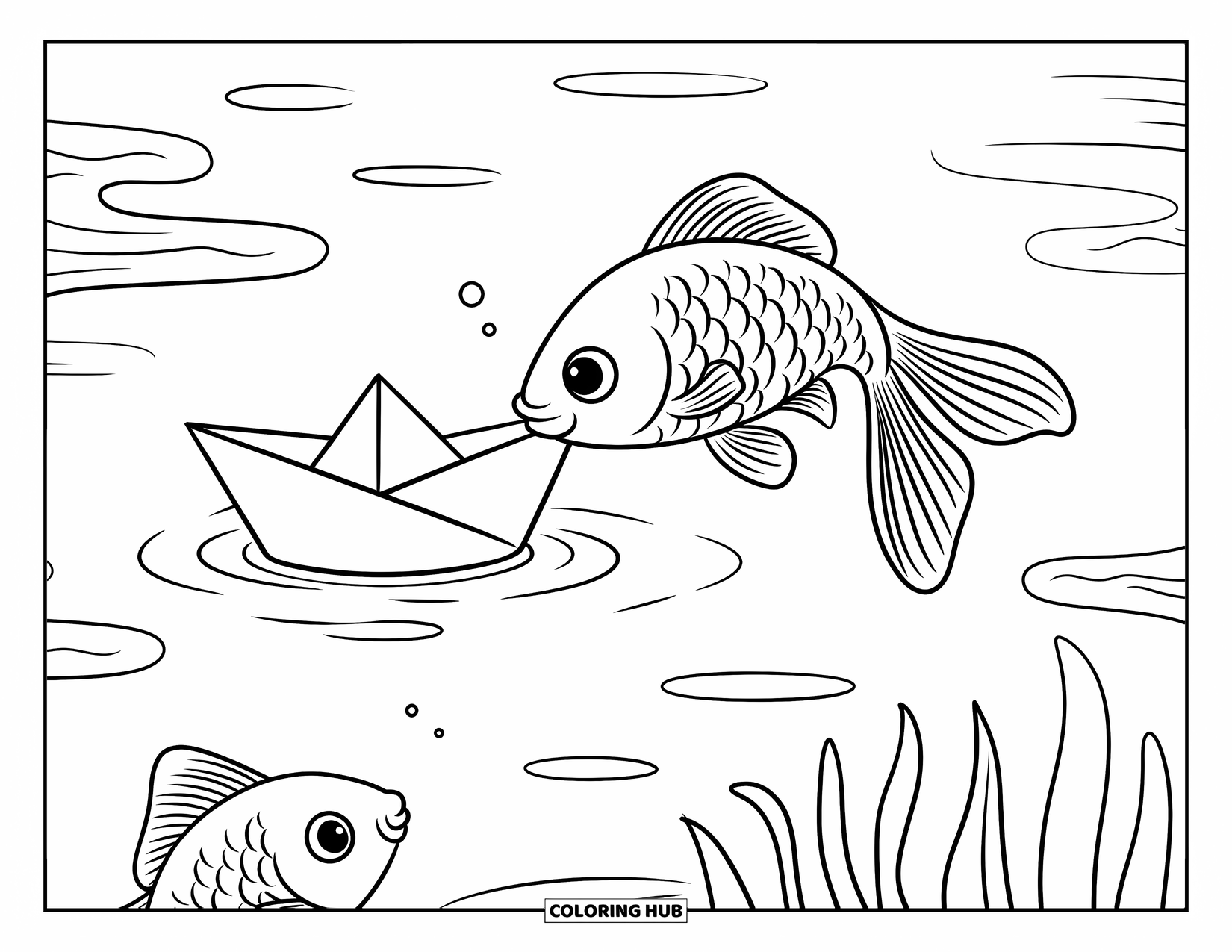 Desenho de Peixinho Dourado para Adultos: Um peixinho dourado inclina suavemente um barco de papel enquanto outro observa com olhos arregalados