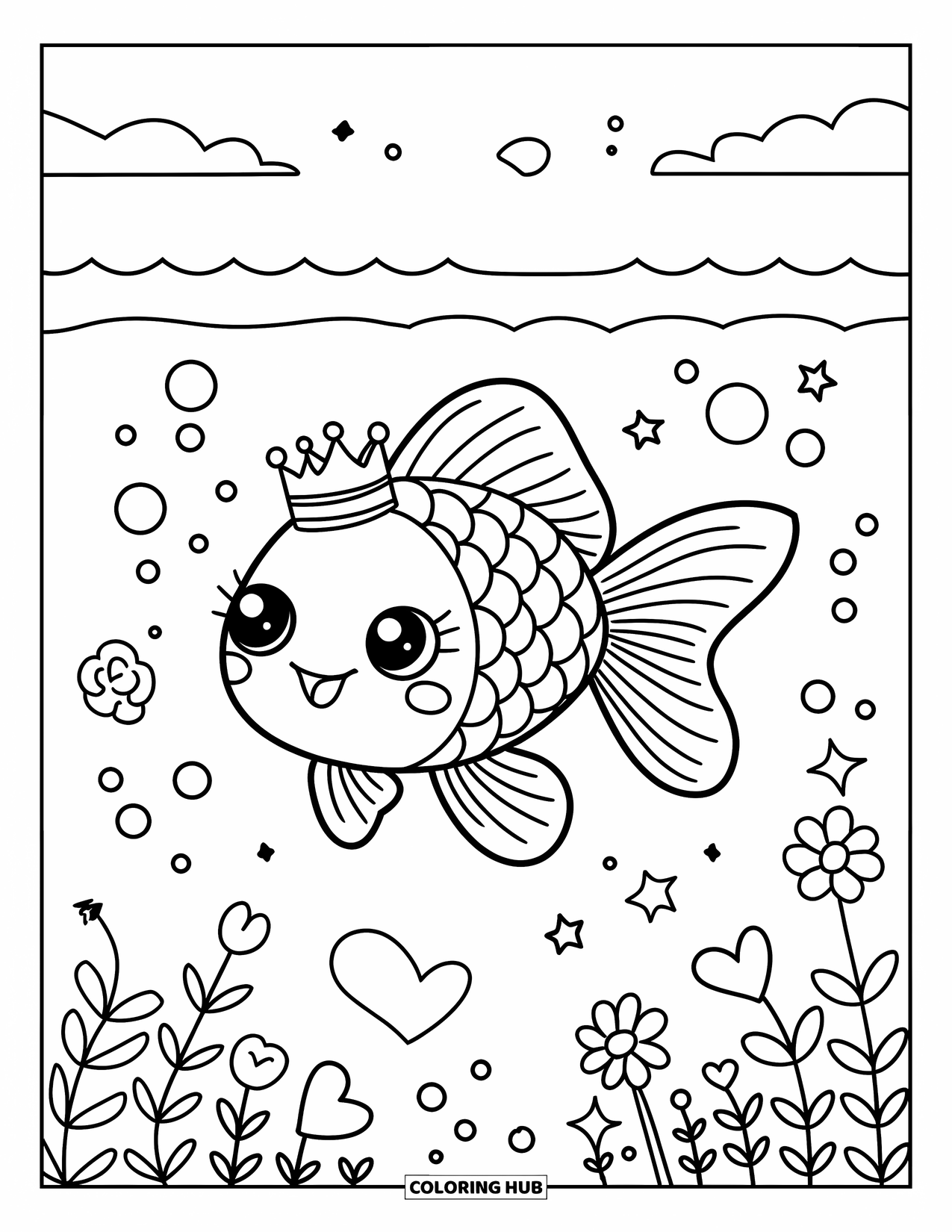 Desenho de Peixinho Dourado para Adultos: Um peixinho dourado com uma coroa flutua pacificamente na água, cercado por brilhos