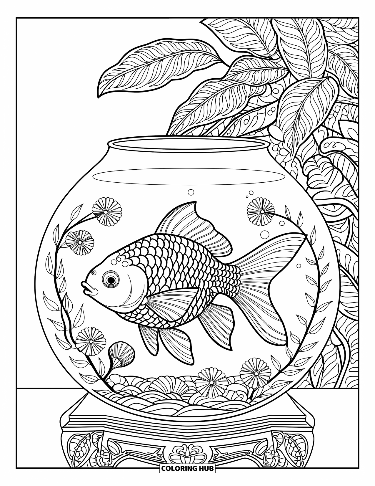 Desenho de Peixinho Dourado para Adultos: Um peixinho dourado dentro de um aquário ornamentado com decorações florais e de folhas
