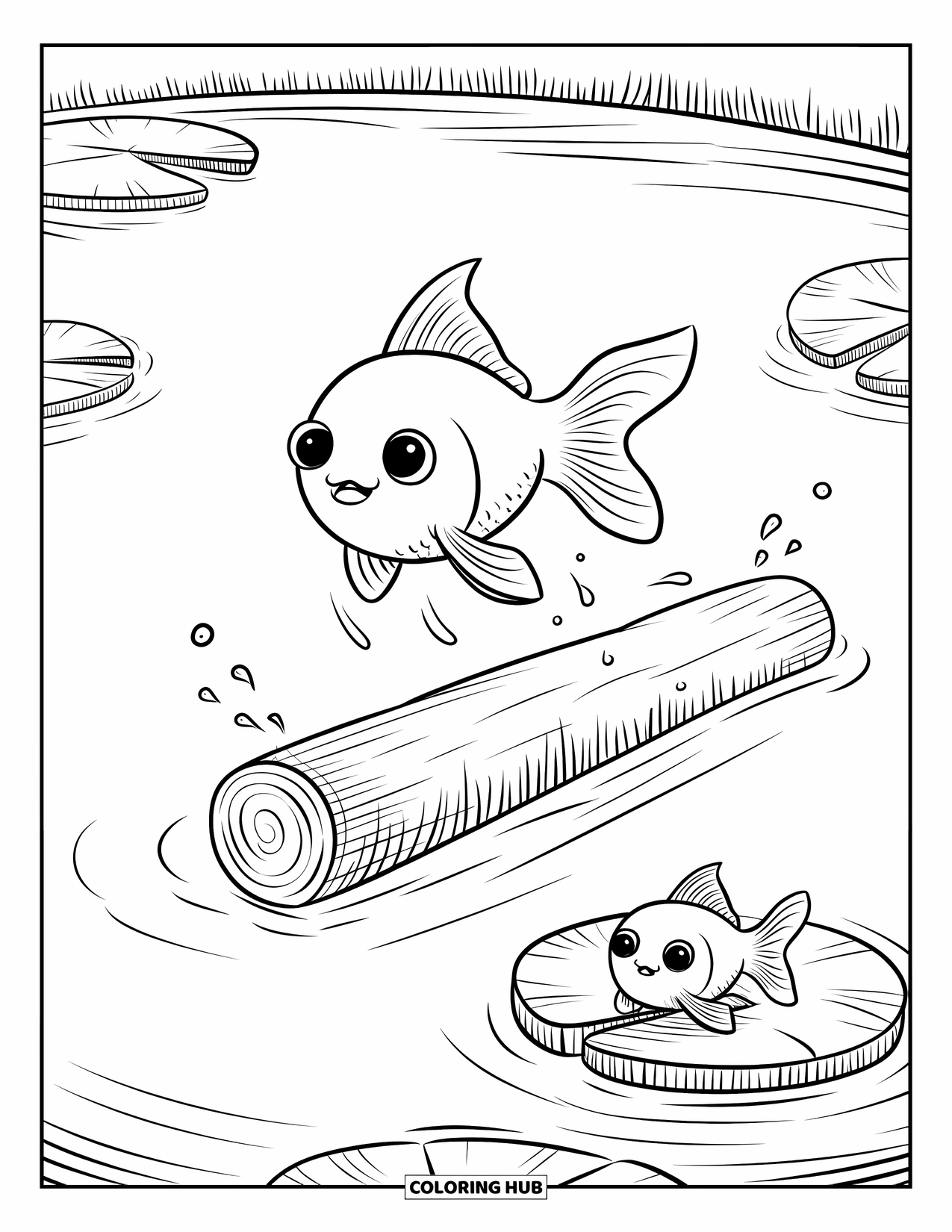 Desenho de Peixinho Dourado para Adultos: Um peixinho dourado salta alegremente sobre um tronco, deixando pequenas ondulações para trás