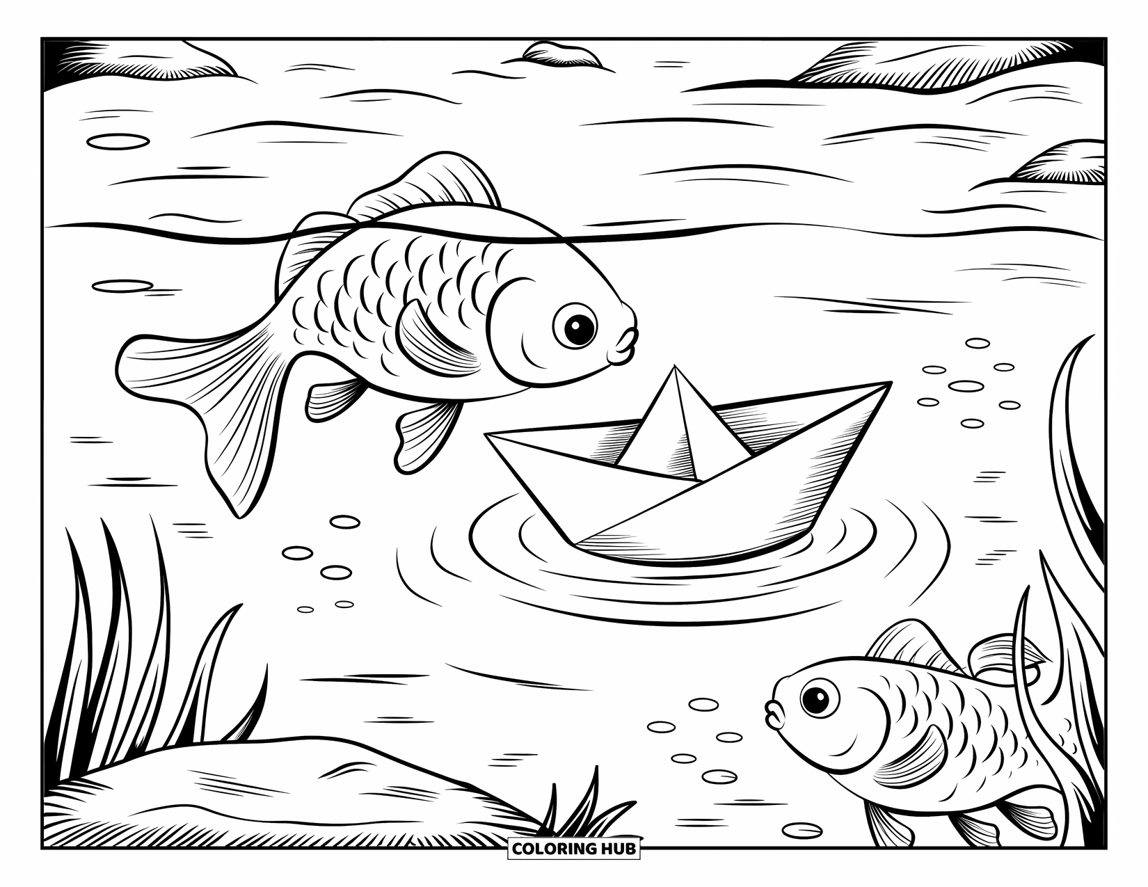 Desenho de Peixinho Dourado para Adultos: Um peixinho dourado cutuca um barco de papel enquanto outro espreita curiosamente por baixo