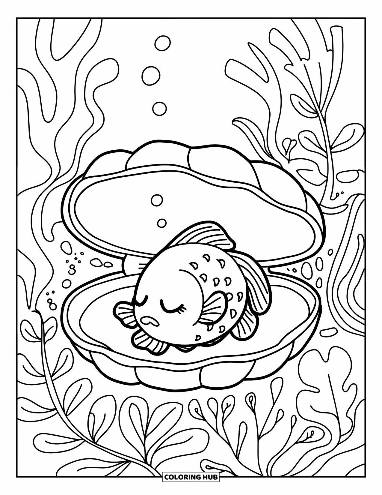 Desenho de Peixinho Dourado para Adultos: Um peixinho dourado dorme pacificamente dentro de uma concha gigante, descansando sobre algas marinhas macias