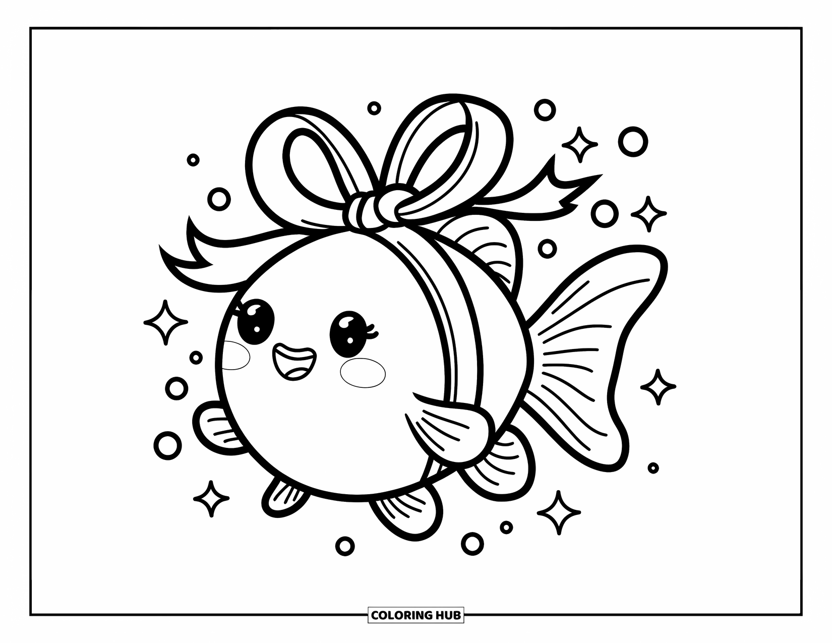 Desenho de Peixinho Dourado para Adultos: Um peixinho dourado redondo flutua na água, envolto em uma fita solta