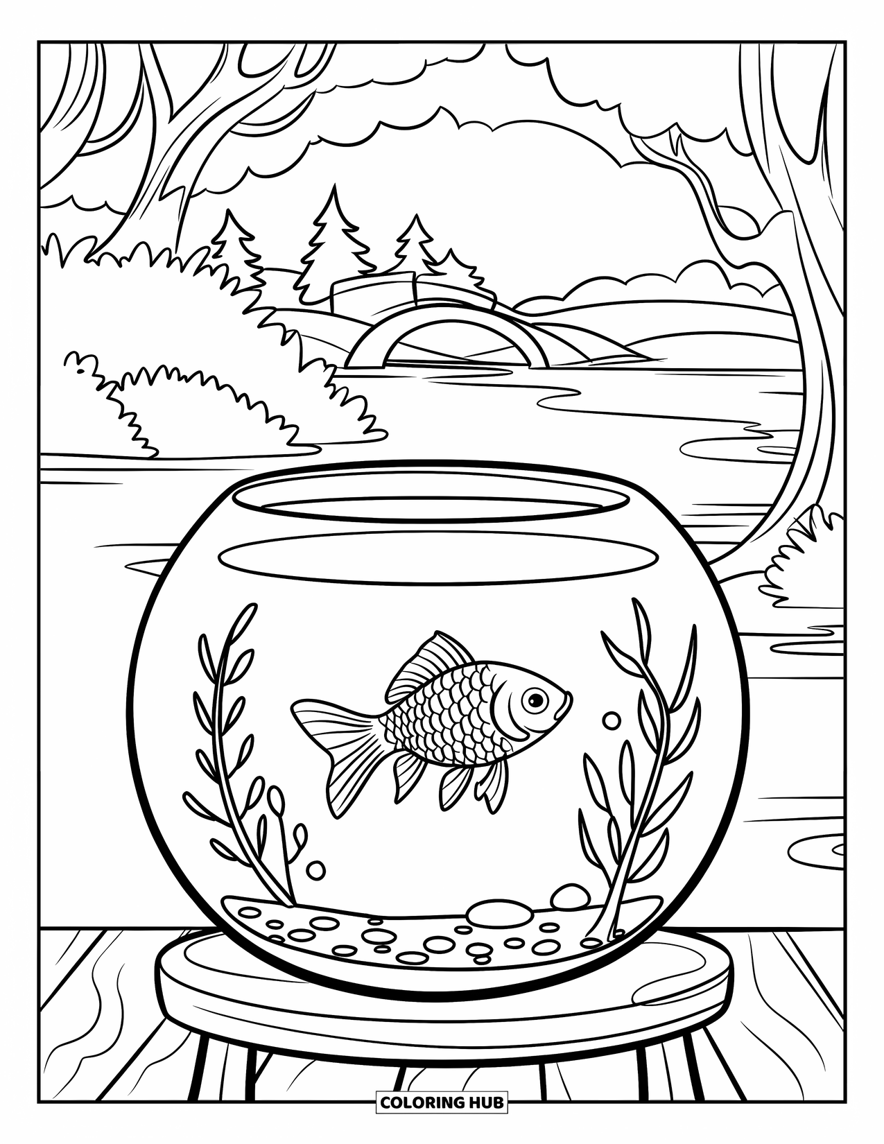 Desenho de Peixinho Dourado para Crianças: Um peixinho dourado desliza por um pequeno aquário com um pequeno castelo dentro