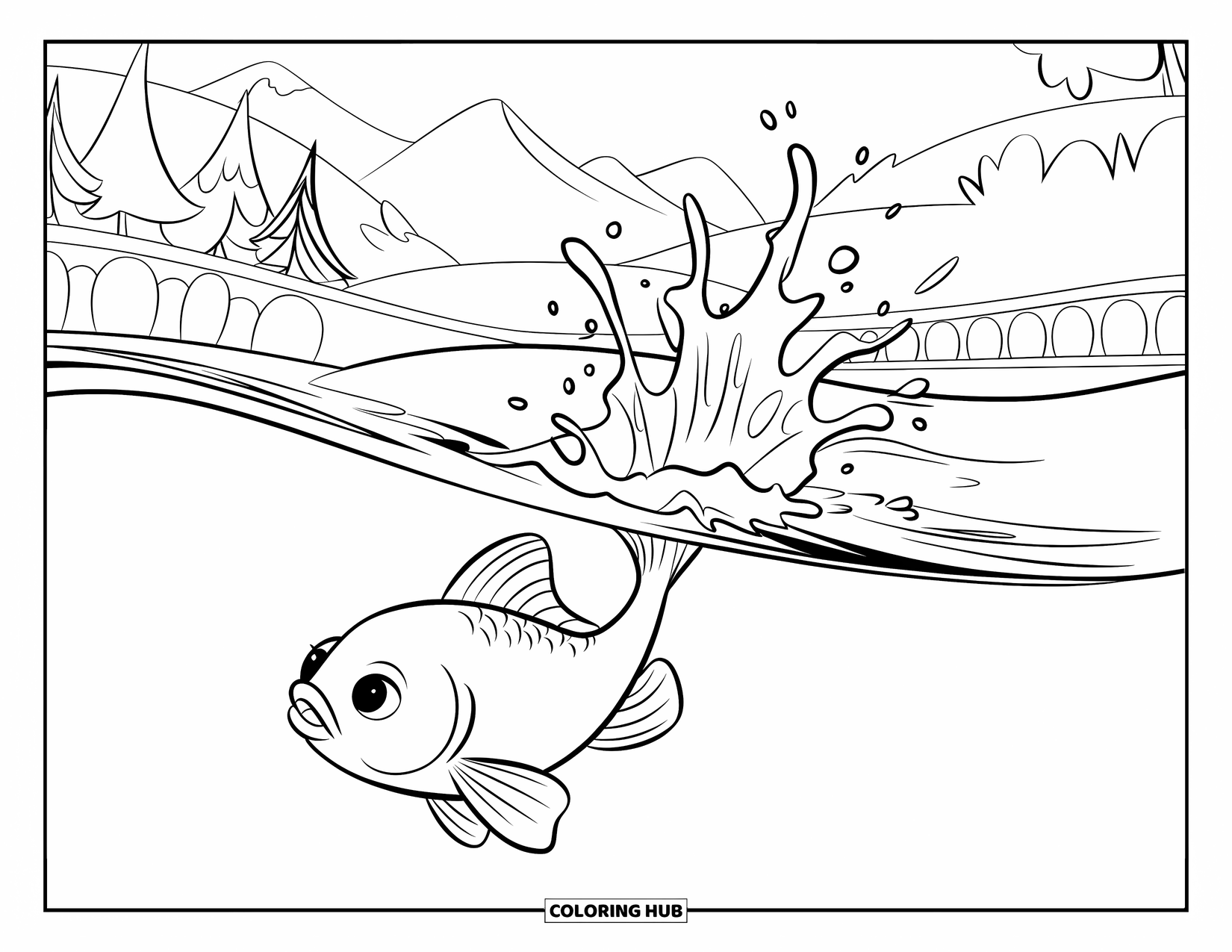 Desenho de Peixinho Dourado para Crianças: Um peixinho dourado mergulha na água com uma paisagem serena ao fundo