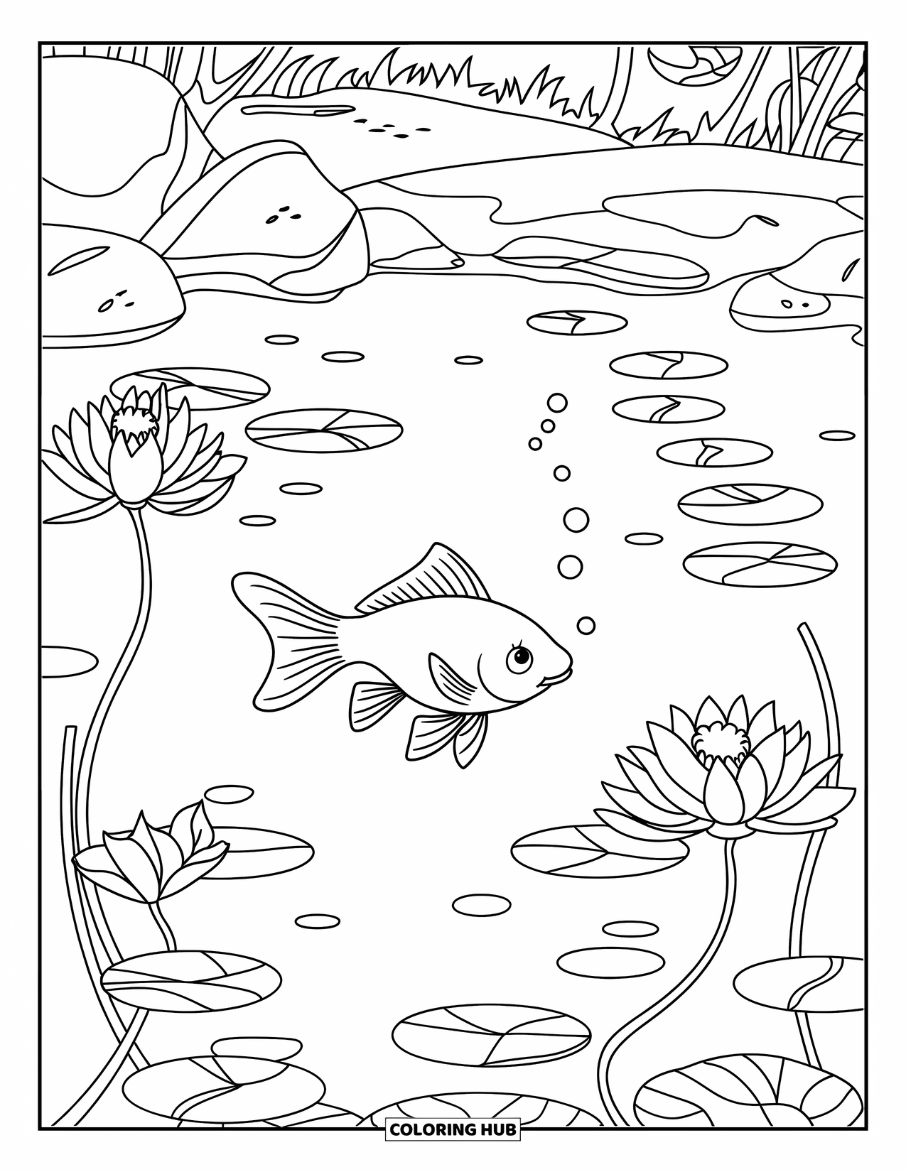 Desenho de Peixinho Dourado para Crianças: Um peixinho dourado nada em um lago, cercado por pedras, plantas e folhas flutuantes