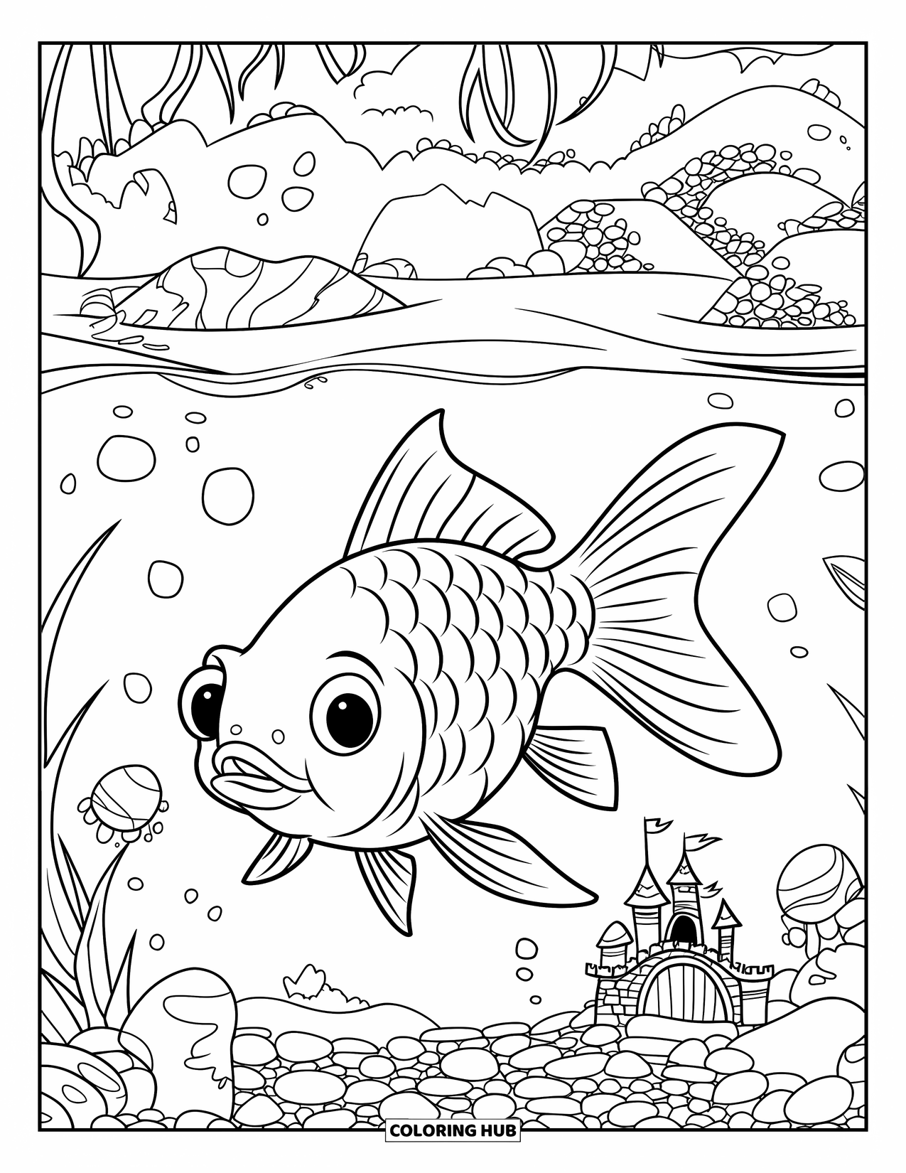 Desenho de Peixinho Dourado para Crianças: Um peixinho dourado nada em um aquário decorado com uma pequena ponte e um castelo
