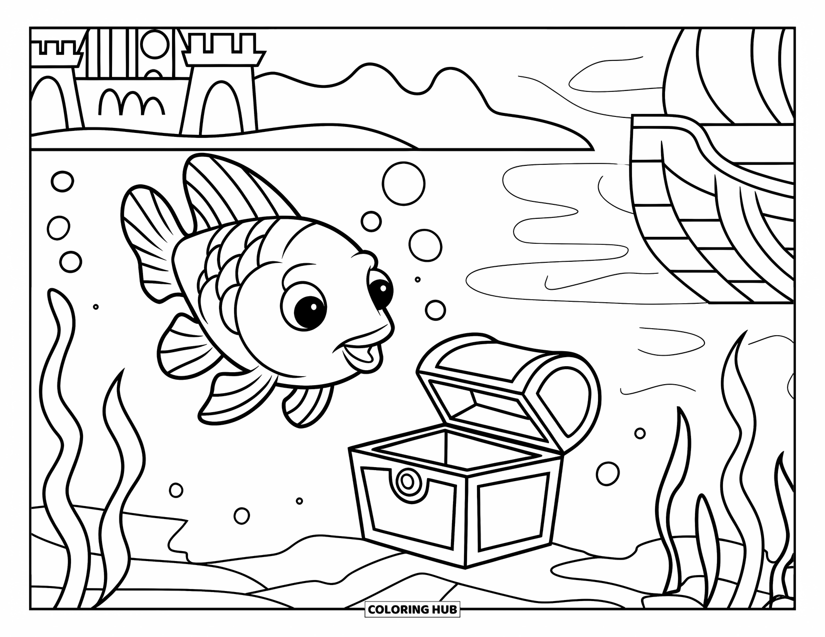 Desenho de Peixinho Dourado para Crianças: Um peixinho dourado nada perto de um baú de tesouro no fundo do oceano