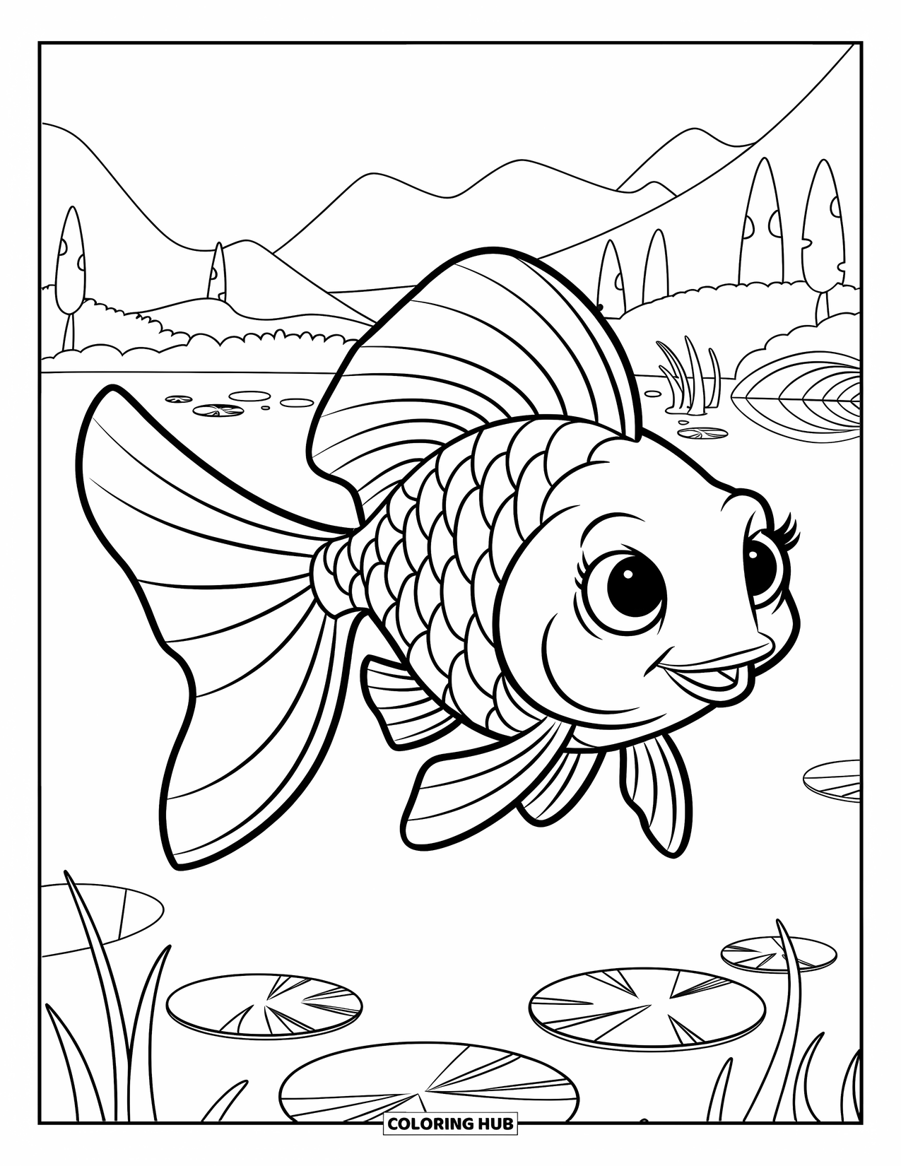 Desenho de Peixinho Dourado para Crianças: Um peixinho dourado com uma cauda esvoaçante balança suavemente em um lago