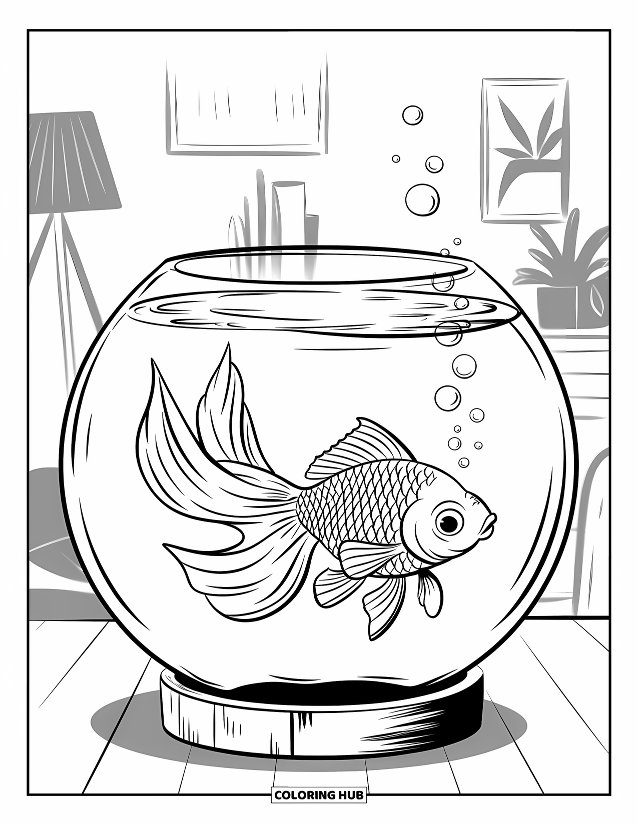 Desenho de Peixinho Dourado para Crianças: Um peixinho dourado com uma cauda graciosa nada dentro de um aquário circular