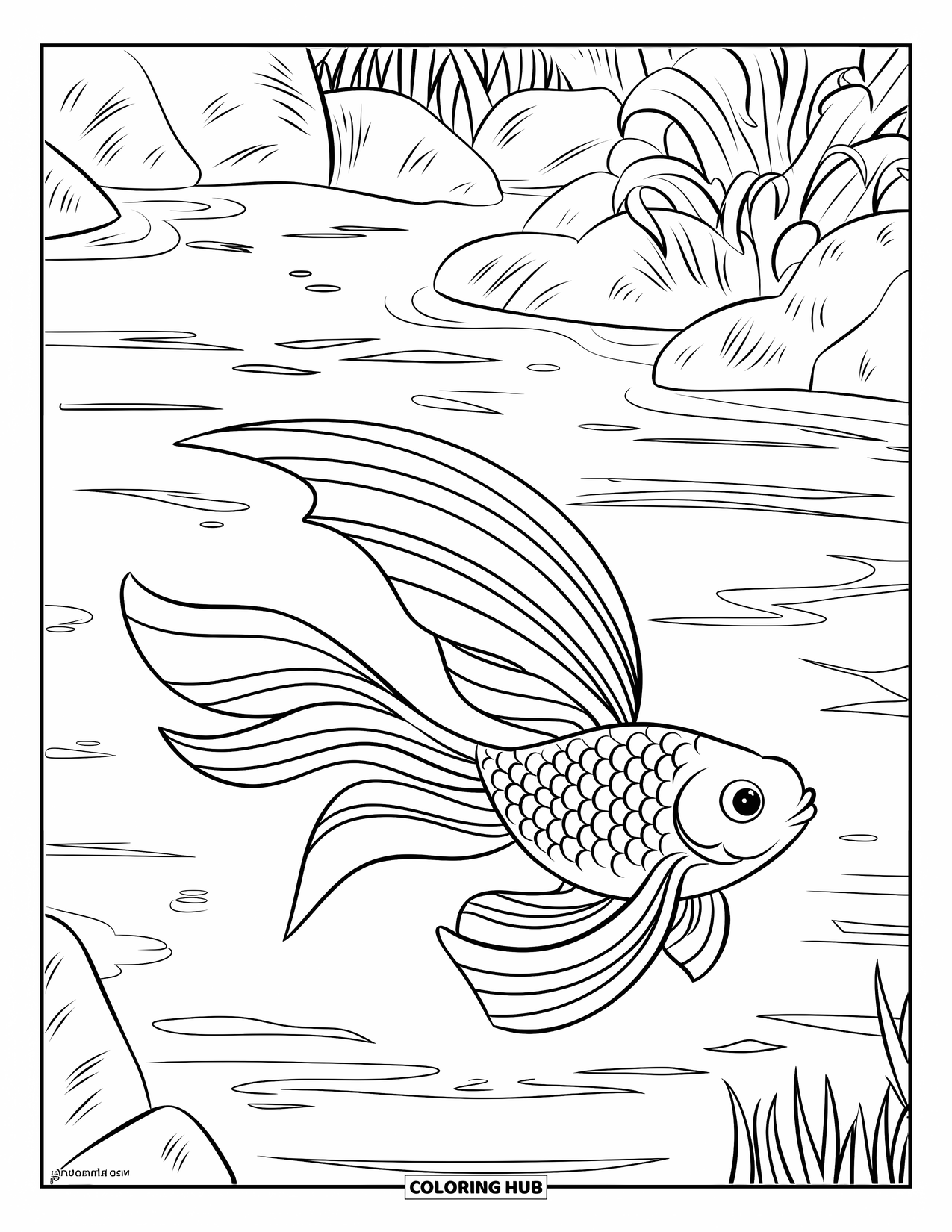 Desenho de Peixinho Dourado para Crianças: Um peixinho dourado com barbatanas longas e esvoaçantes nada em água ondulante