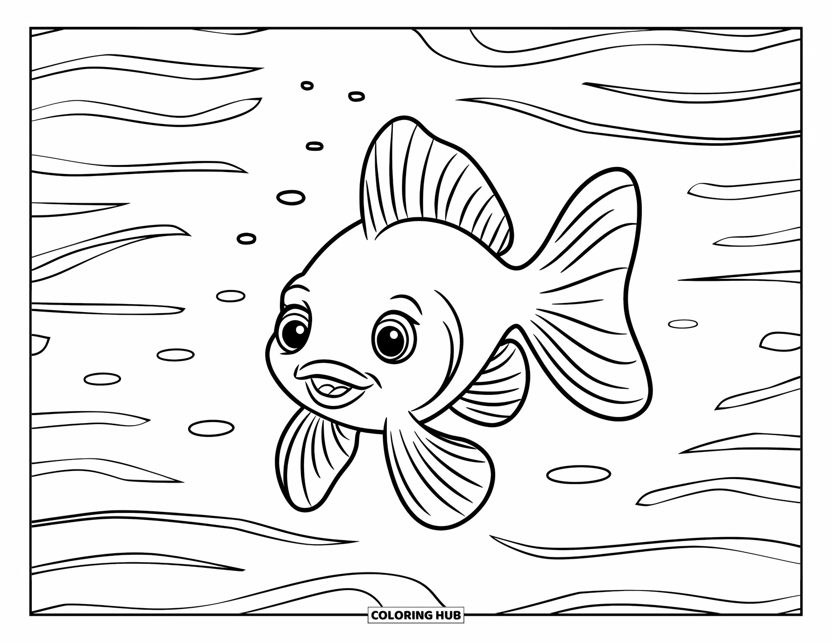Desenho de Peixinho Dourado para Crianças: Um grande peixinho dourado com barbatanas esvoaçantes desliza em uma suave corrente oceânica