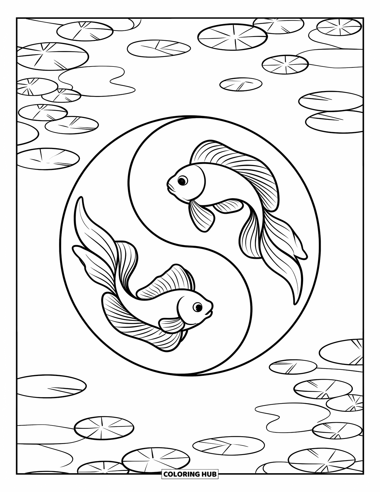 Desenho de Peixinho Dourado para Crianças: Dois peixinhos dourados giram um em torno do outro, formando um símbolo yin-yang