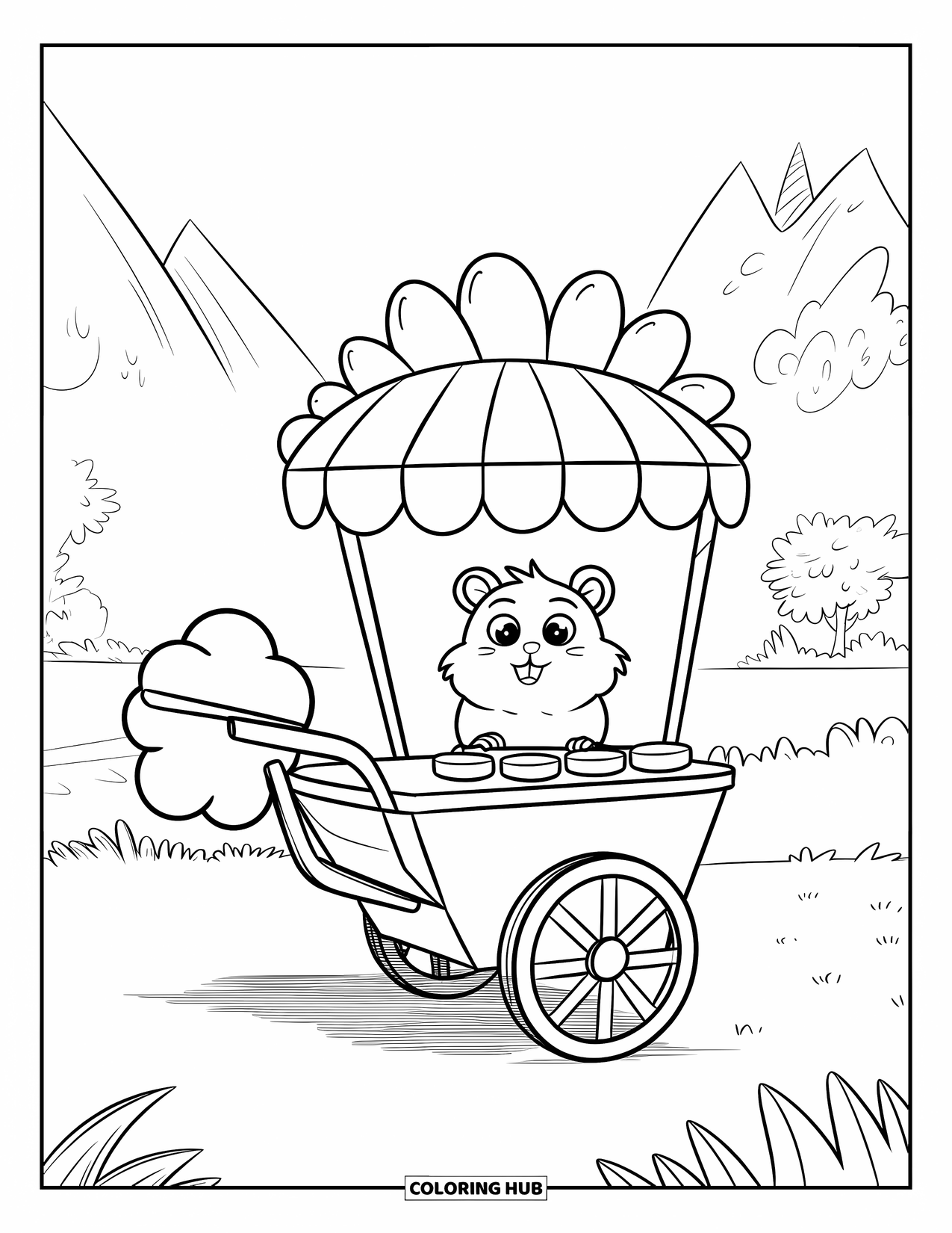 Hamster Coloring Page for Adults: A cheerful hamster stands behind a waffle cone-shaped ice cream cart with a sunflower sign