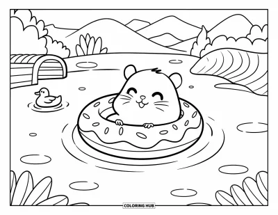 Desenho de hamster para colorir para adultos: Um hamster contente flutuando em um anel em forma de donut em um lago, cercado por uma paisagem serena