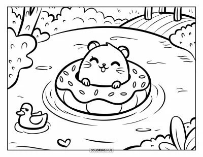 Desenho de hamster para colorir para adultos: Um hamster contente flutuando em um anel em forma de donut em um lago, com um fundo tranquilo