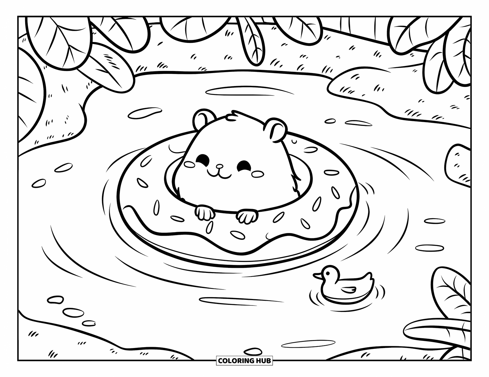 Hamster Coloring Page for Adults: A content hamster floating on a donut-shaped ring in a pond with a tiny duck float nearby