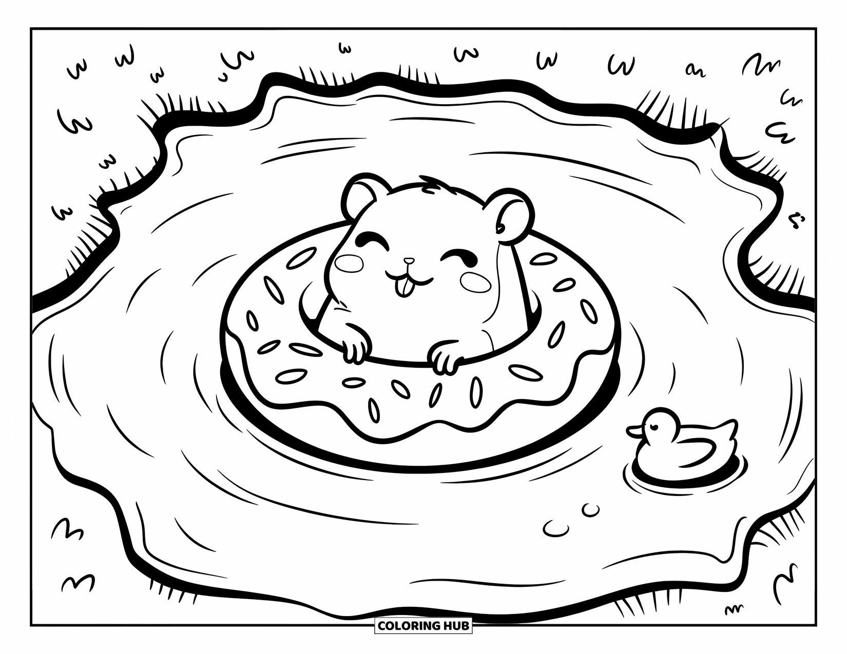 Hamster Coloring Page for Adults: A content hamster floating on a donut-shaped ring in a pond, with gentle ripples and a duck float