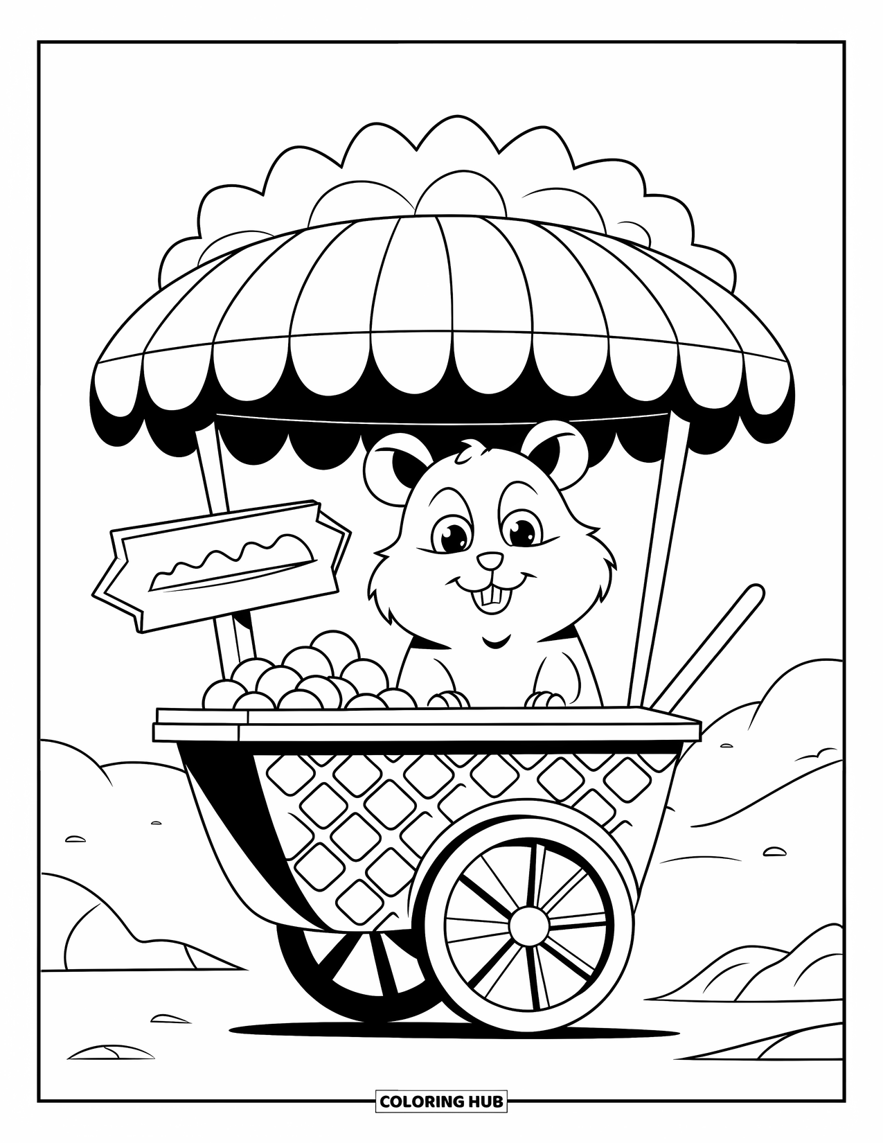 Hamster Coloring Page for Adults: A cute hamster behind a waffle cone ice cream cart in a serene landscape with mountains