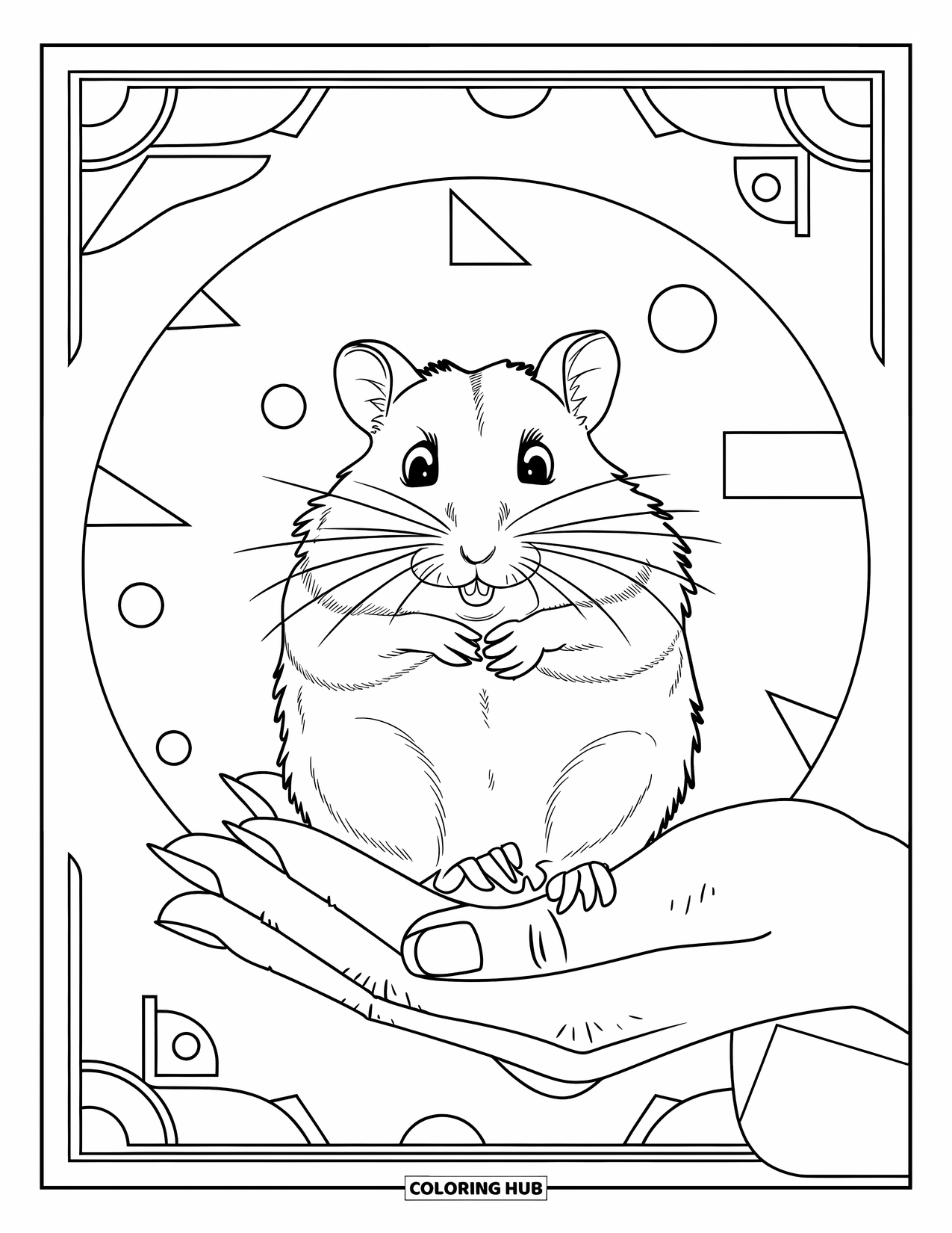 Hamster Coloring Page for Adults: A hamster held by a human hand, surrounded by geometric shapes and soft curves