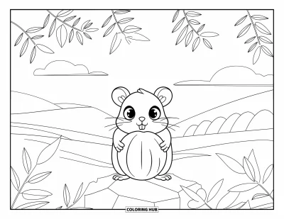 Desenho de hamster para colorir para adultos: Um hamster segurando uma noz grande em uma rocha, com uma paisagem serena e colinas ondulantes