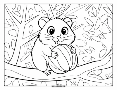 Desenho de hamster para colorir para adultos: Um hamster segurando uma noz grande enquanto está sentado em um galho em uma floresta densa de galhos frondosos