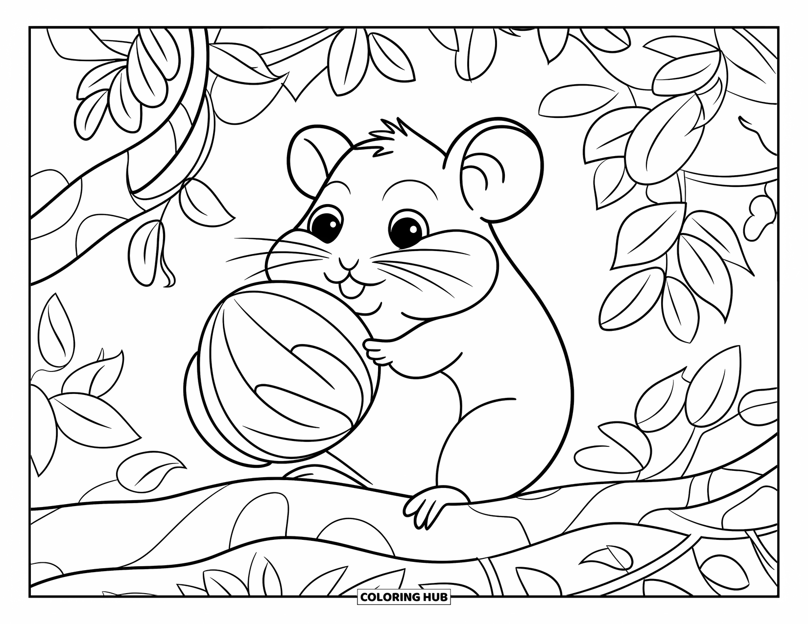 Hamster Coloring Page for Adults: A hamster holding a large nut while sitting on a branch, surrounded by leafy branches