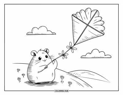 Desenho de Hamster para Colorir para Adultos: Um hamster segurando uma corda presa a uma pipa em forma de girassol, em pé sobre uma colina suave