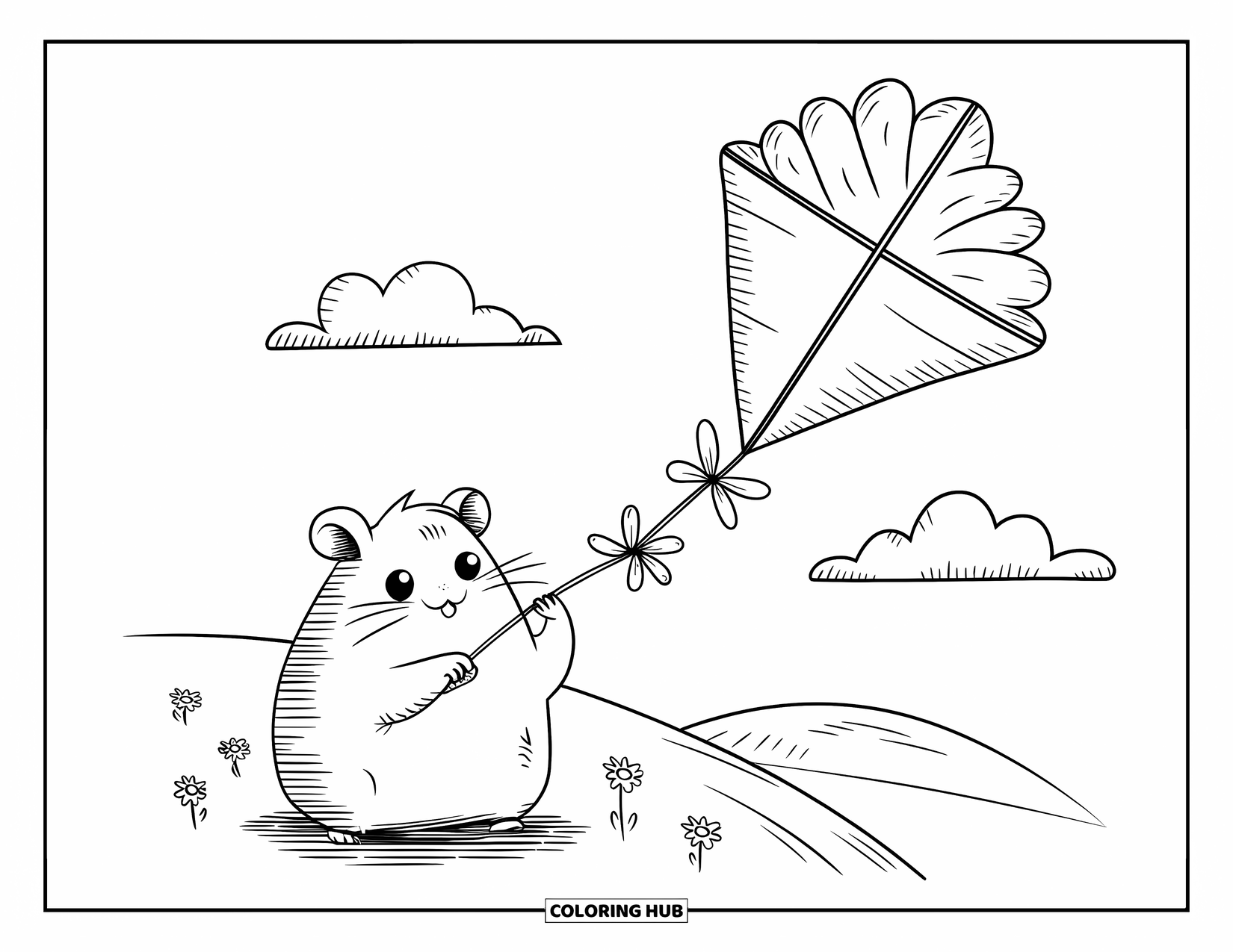 Hamster Coloring Page for Adults: A hamster holding a string attached to a sunflower-shaped kite, standing on a gentle hill