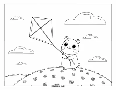 Desenho de Hamster para Colorir para Adultos: Um hamster segurando uma corda para uma pipa em forma de girassol, em pé sobre uma colina suave com nuvens
