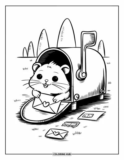 Desenho de Hamster para Colorir para Adultos: Um hamster segura uma carta selada com um coração, sentado sobre envelopes com um fundo sereno de árvores