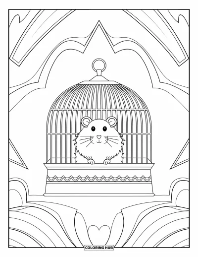 Desenho de Hamster para Colorir para Adultos: Um hamster em uma gaiola, cercado por formas geométricas e curvas suaves