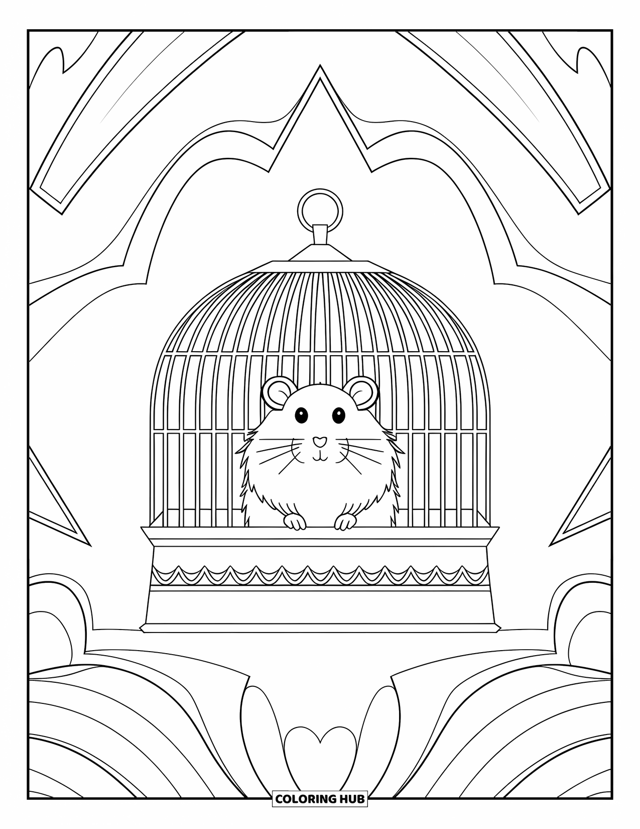 Hamster Coloring Page for Adults: A hamster in a cage, surrounded by geometric shapes and soft curves