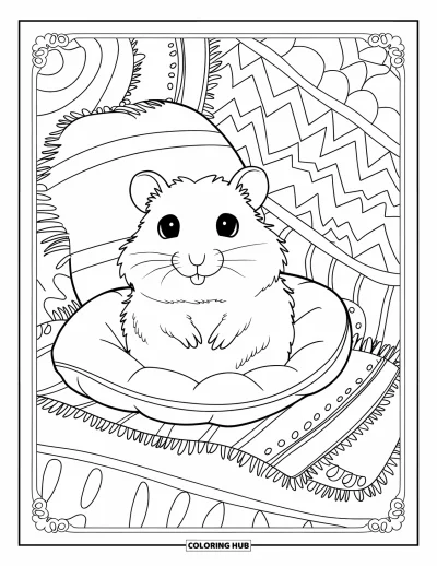 Desenho de Hamster para Colorir para Adultos: Um hamster em um canto aconchegante, sentado em um travesseiro cercado por cobertores estampados e bordas decorativas