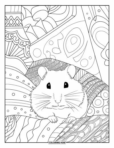 Desenho de hamster para colorir para adultos: Um hamster em um canto aconchegante com cobertores e almofadas estampadas, cercado por padrões intrincados e elementos artísticos