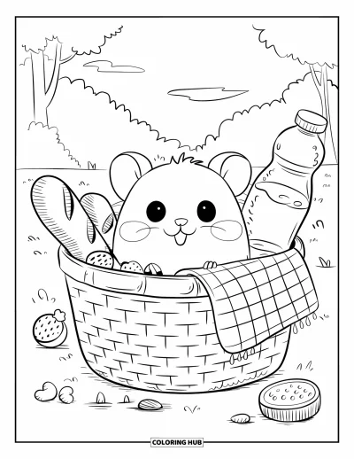 Desenho de Hamster para Colorir para Adultos: Um hamster sai de uma cesta de piquenique cheia de guloseimas, cercado pela natureza e árvores