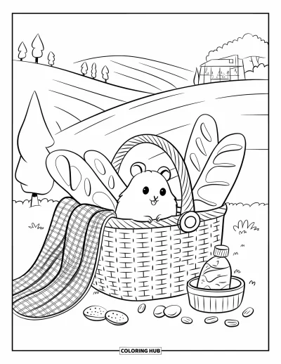 Desenho de Hamster para Colorir para Adultos: Um hamster sai de uma cesta de piquenique com guloseimas simples em uma paisagem serena